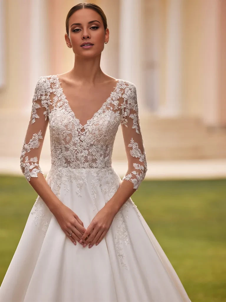 Romantic Ball Gown Deep V-Neck Lace 3/4 Sleeve Open Back Maxi Winter Wedding Dress