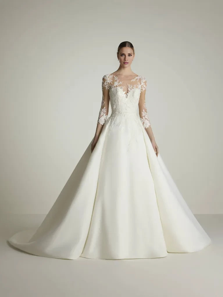 Ivory Satin A-Line Floor-Length Evening Dress with Lace Illusion Bodice