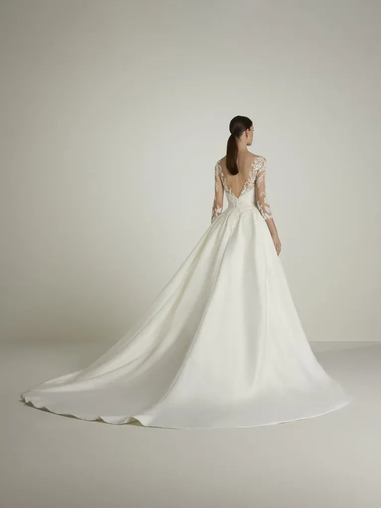 Ivory Satin A-Line Floor-Length Evening Dress with Lace Illusion Bodice
