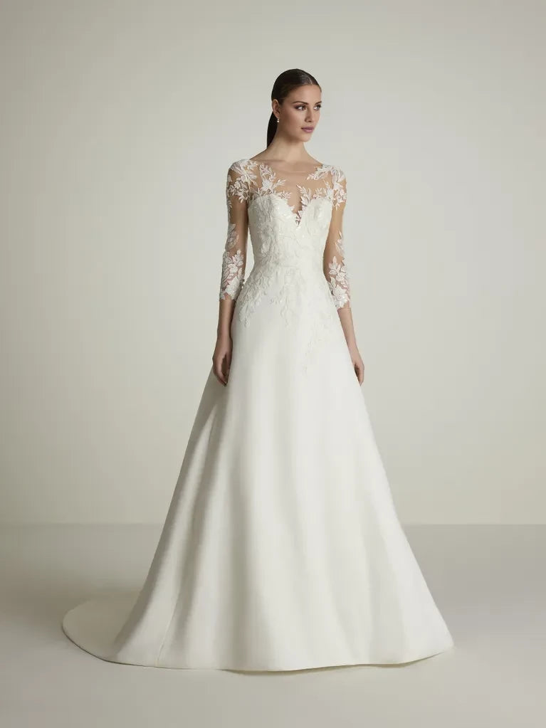 Ivory Satin A-Line Floor-Length Evening Dress with Lace Illusion Bodice