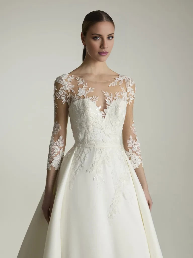 Ivory Satin A-Line Floor-Length Evening Dress with Lace Illusion Bodice