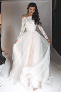 Ivory Lace A-Line Off-the-Shoulder Floor-Length Evening Dress