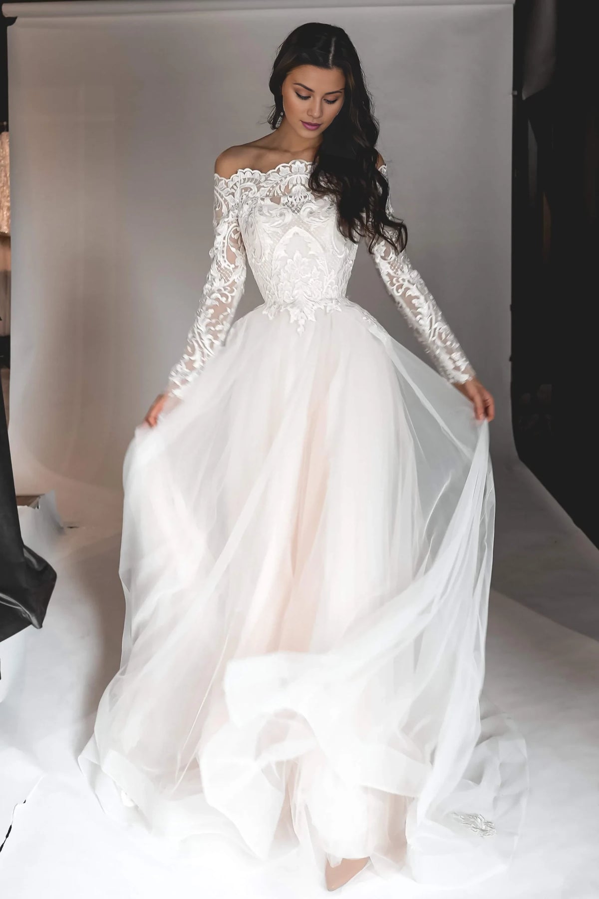 Ivory Lace A-Line Off-the-Shoulder Floor-Length Evening Dress