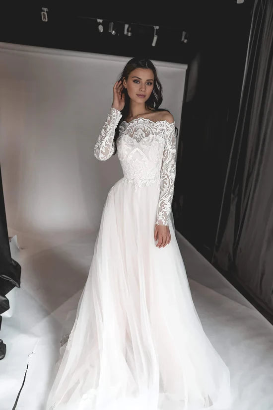 Romantic Ball Gown Off-Shoulder Lace Embroidered Long Sleeve Floor-Length Winter Wedding Dress