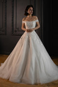 Ivory Lace Tulle Off-the-Shoulder Ball Gown Floor-Length with Lace Appliques and Glitter Skirt