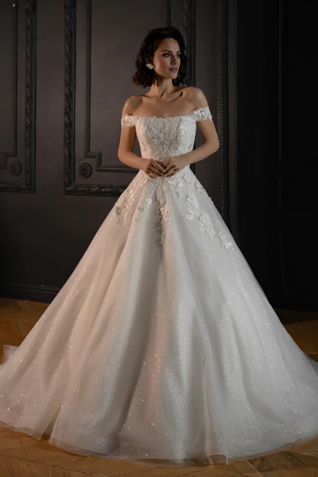 Ivory Lace Tulle Off-the-Shoulder Ball Gown Floor-Length with Lace Appliques and Glitter Skirt