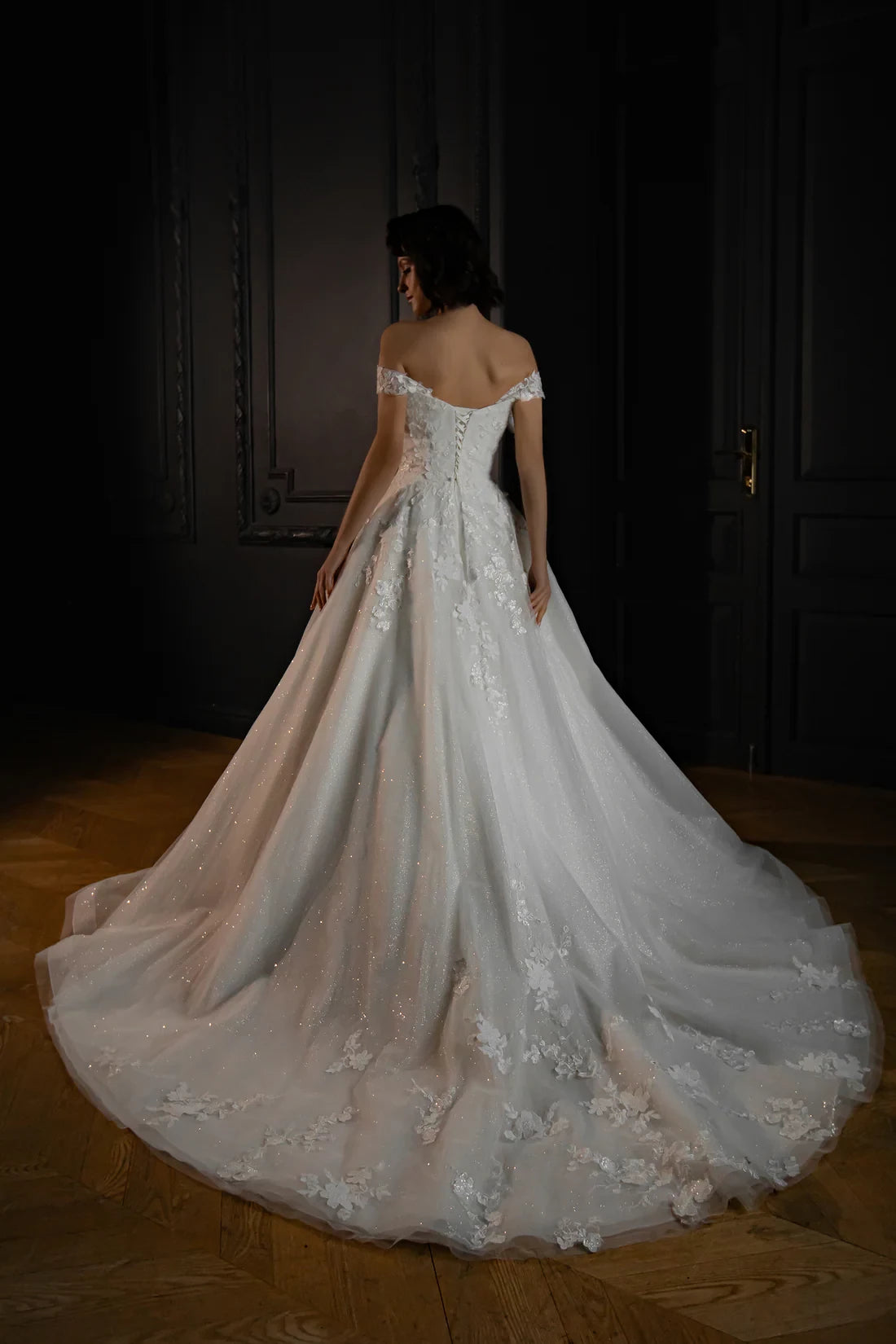 Ivory Lace Tulle Off-the-Shoulder Ball Gown Floor-Length with Lace Appliques and Glitter Skirt