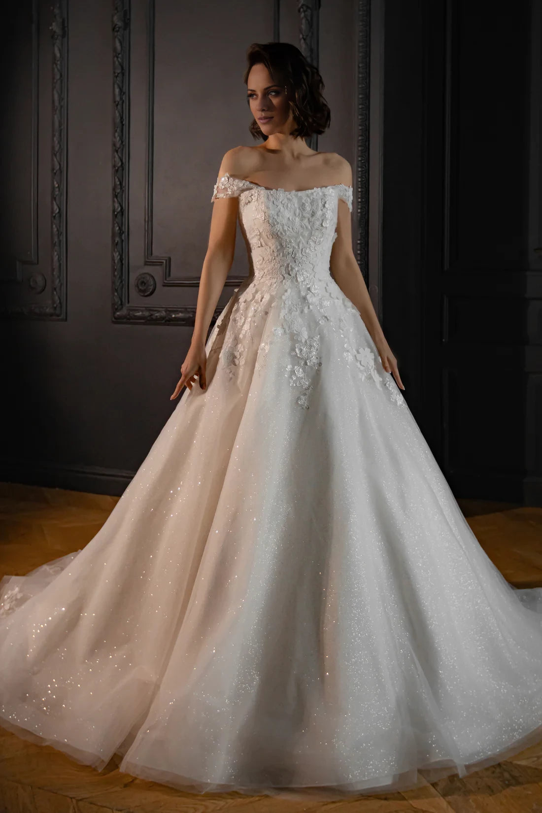 Ivory Lace Tulle Off-the-Shoulder Ball Gown Floor-Length with Lace Appliques and Glitter Skirt