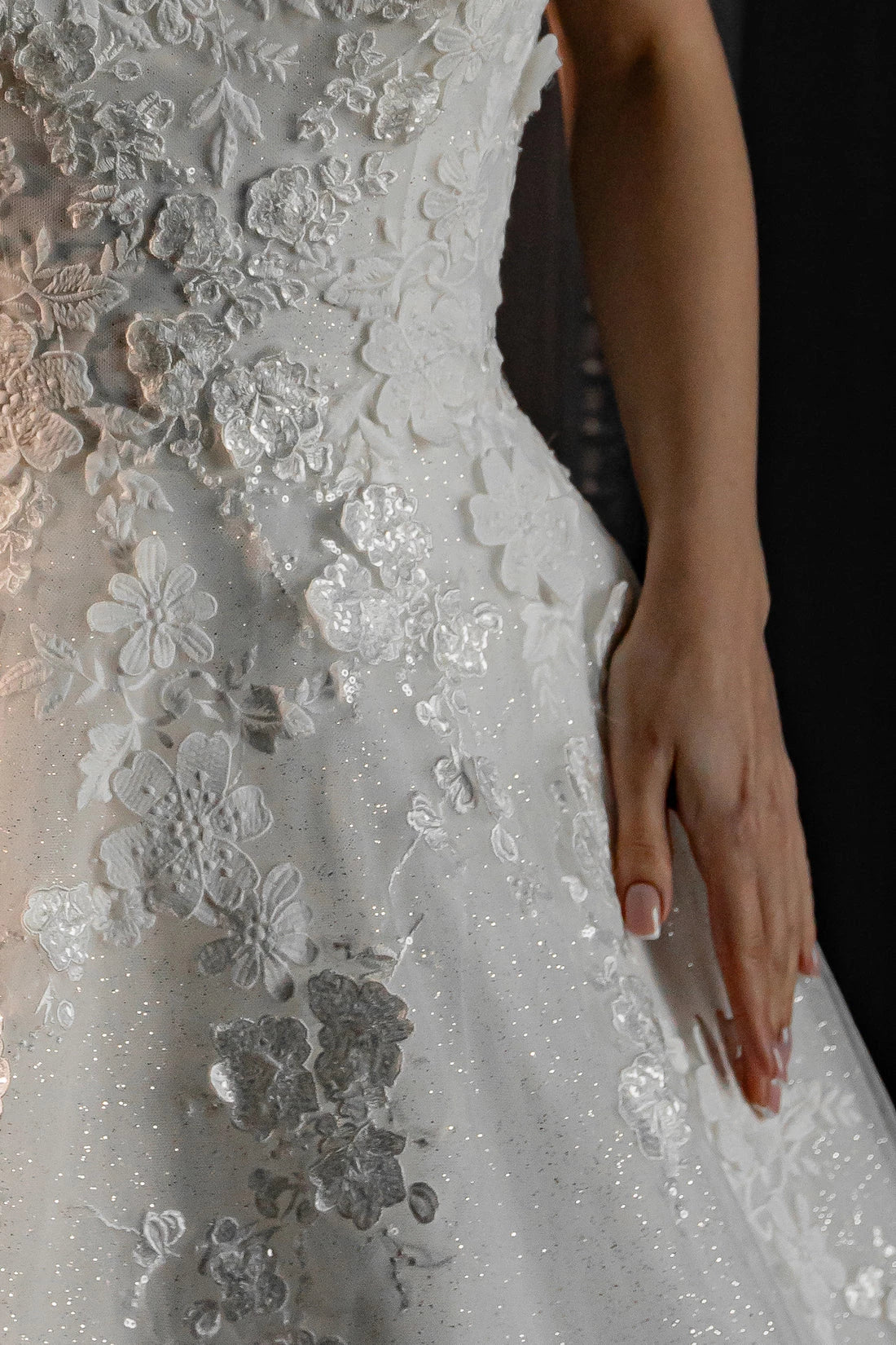 Ivory Lace Tulle Off-the-Shoulder Ball Gown Floor-Length with Lace Appliques and Glitter Skirt