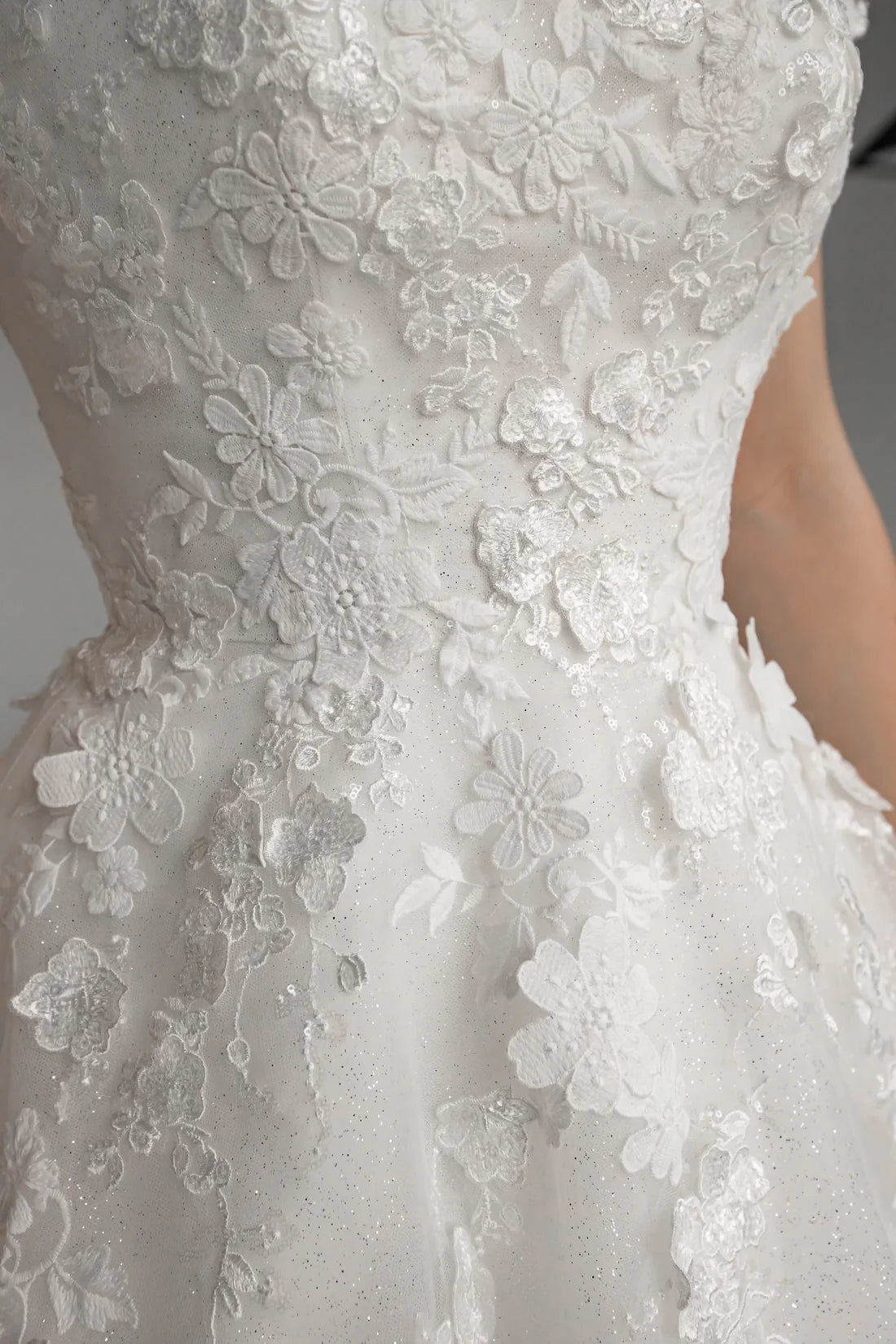 Ivory Lace Tulle Off-the-Shoulder Ball Gown Floor-Length with Lace Appliques and Glitter Skirt