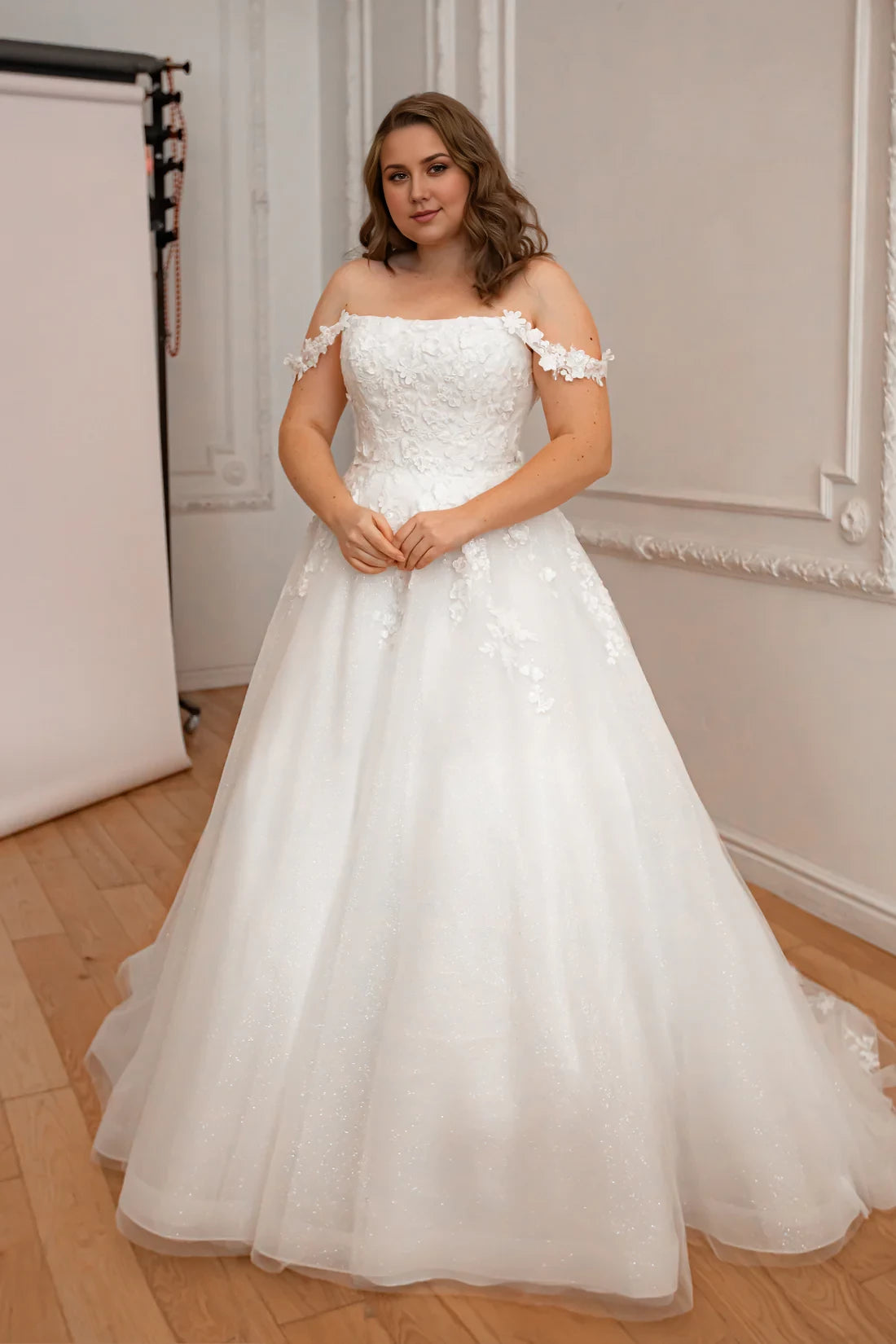 White Tulle A-Line Floor-Length Dress with Off-the-Shoulder Neckline and Lace Appliques