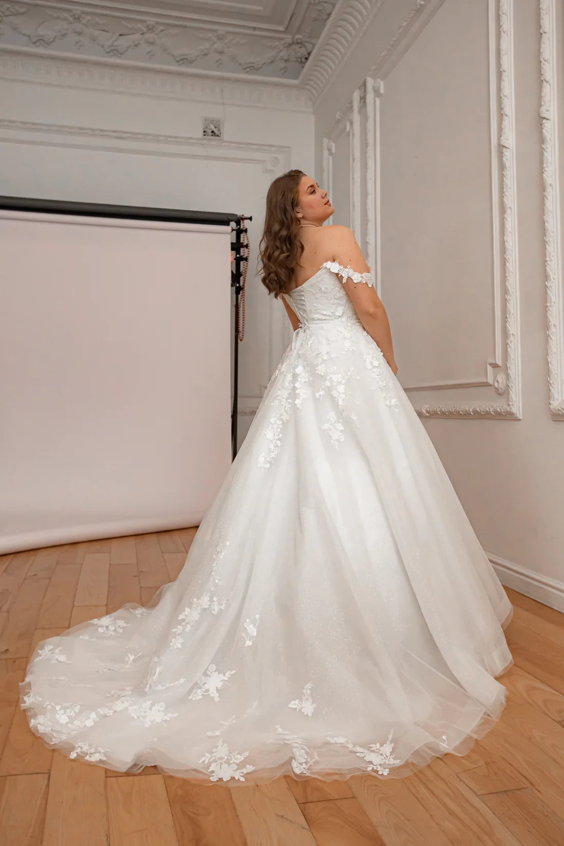 White Tulle A-Line Floor-Length Dress with Off-the-Shoulder Neckline and Lace Appliques