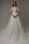 Ivory Lace Off-the-Shoulder Ball Gown Floor-Length Dress