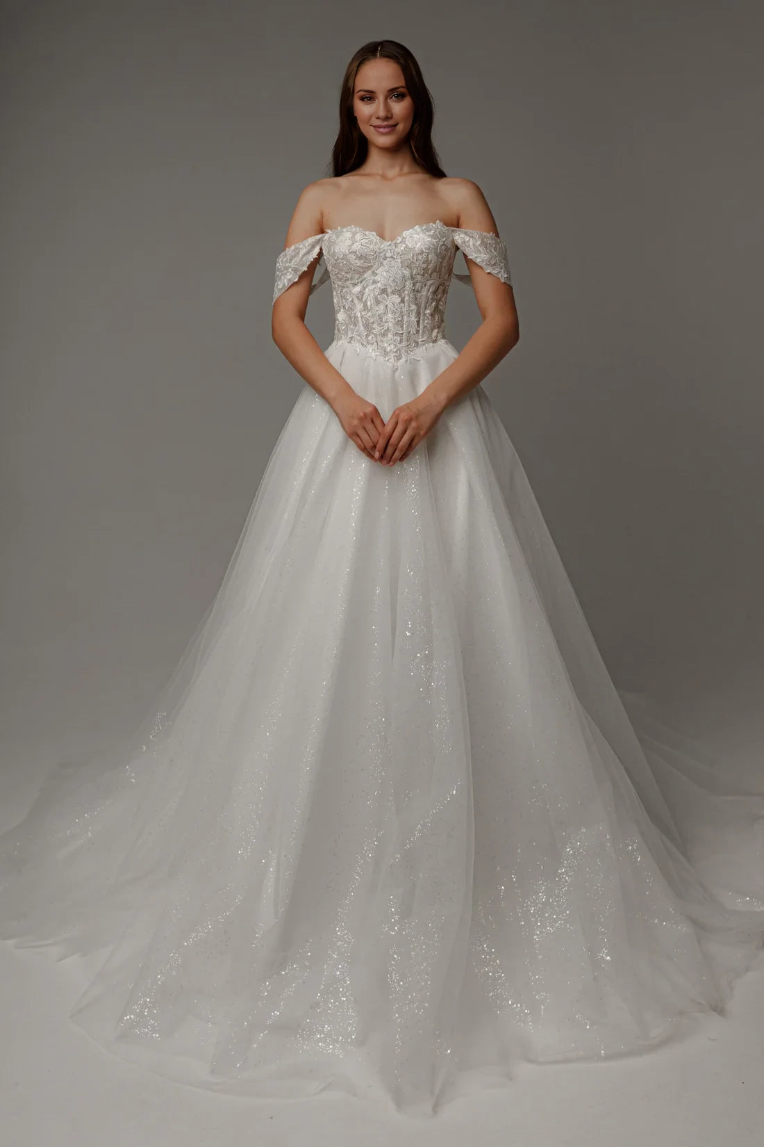 Ivory Lace Off-the-Shoulder Ball Gown Floor-Length Dress
