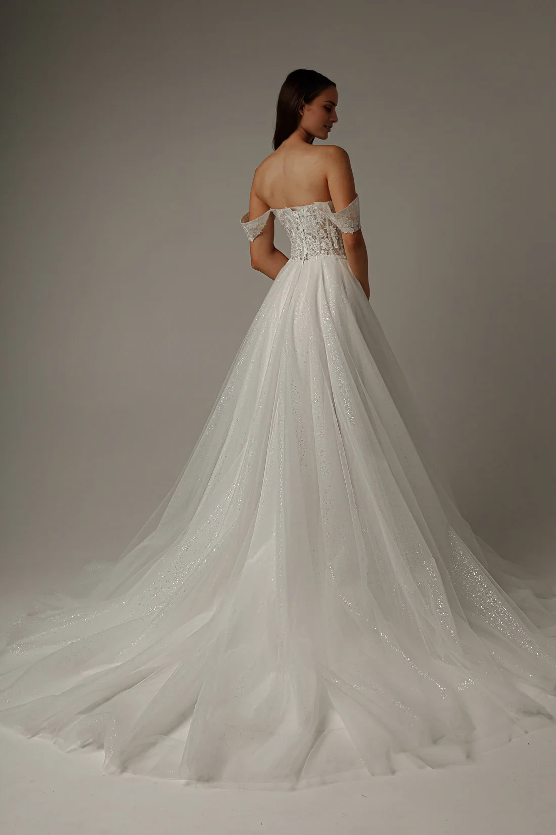 Romantic Ball Gown Off-Shoulder Neck Sleeveless Lace Embroidered Sparkle Maxi Winter Wedding Dress