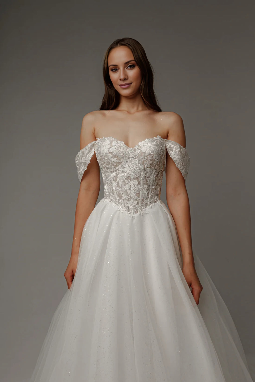 Ivory Lace Off-the-Shoulder Ball Gown Floor-Length Dress