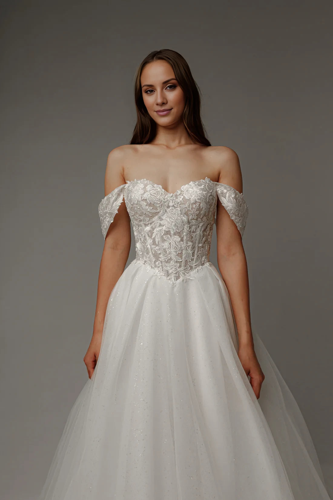 Ivory Lace Off-the-Shoulder Ball Gown Floor-Length Dress