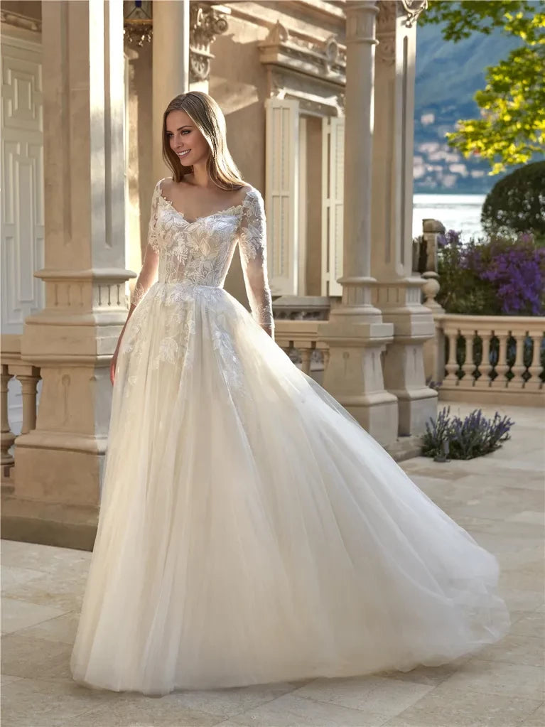 Ivory Lace A-Line Floor-Length Wedding Dress with Sweetheart Neckline & Back Zip