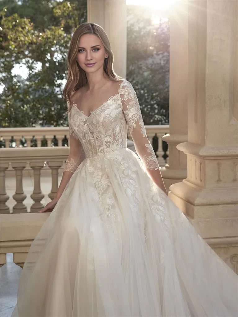 Ivory Lace A-Line Floor-Length Wedding Dress with Sweetheart Neckline & Back Zip