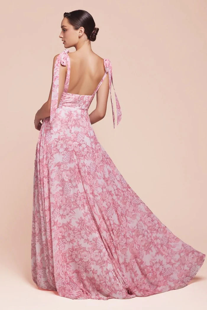 Romantic Blush Floral A-Line V Neck Tie Strap Open Back Side Slit Floor-Length Chiffon Prom Dress