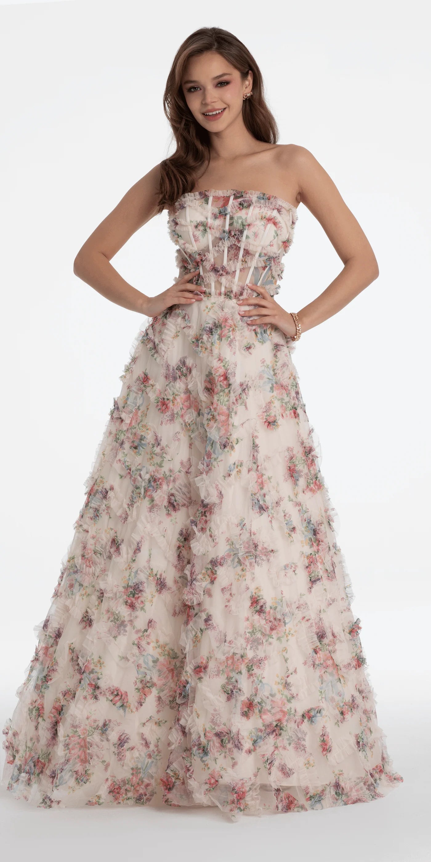 Romantic Blush Floral Print Strapless Sweetheart Lace-Up Back Tiered Ruffled Tulle Prom Dress