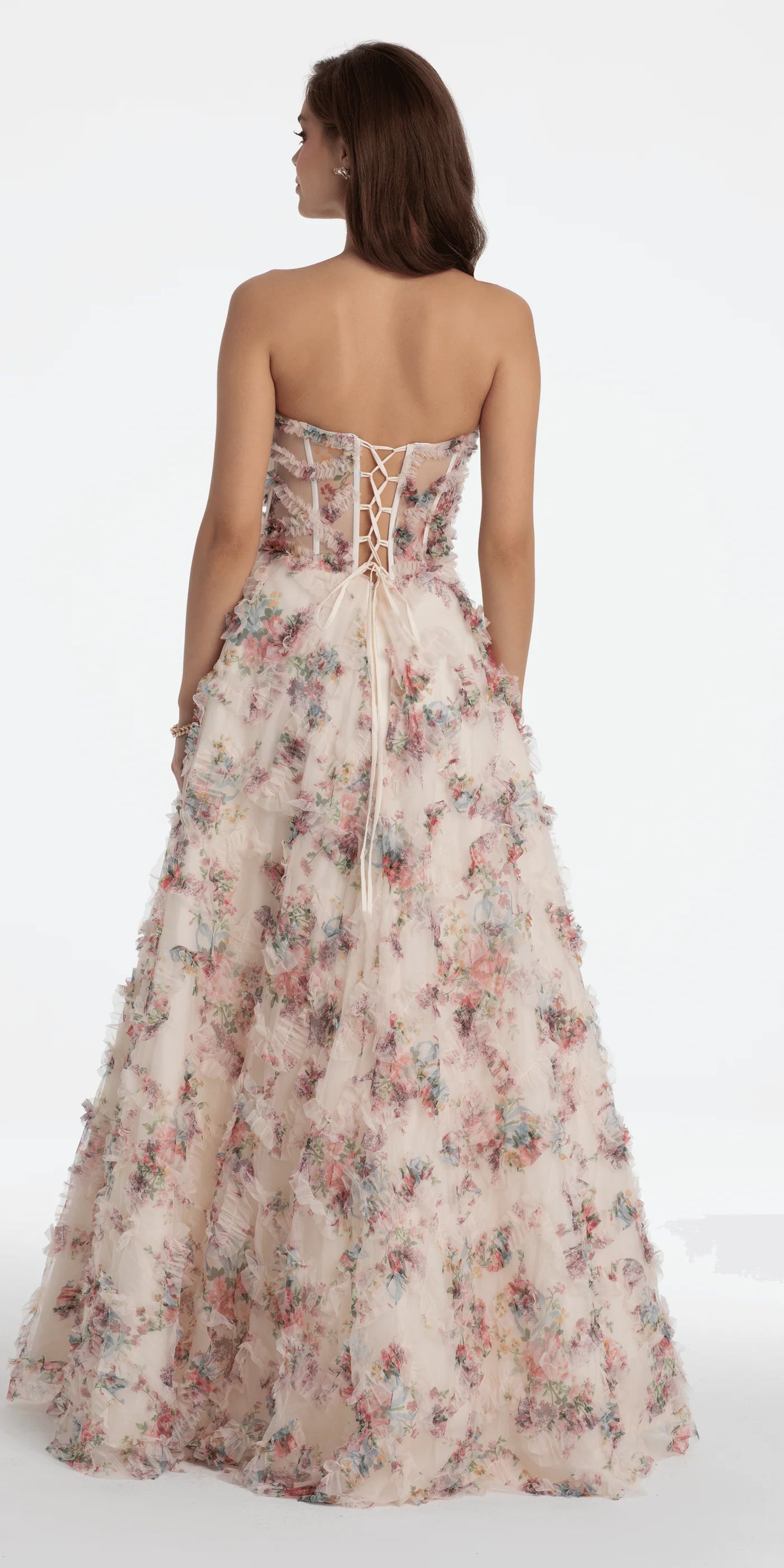 Romantic Blush Floral Print Strapless Sweetheart Lace-Up Back Tiered Ruffled Tulle Prom Dress