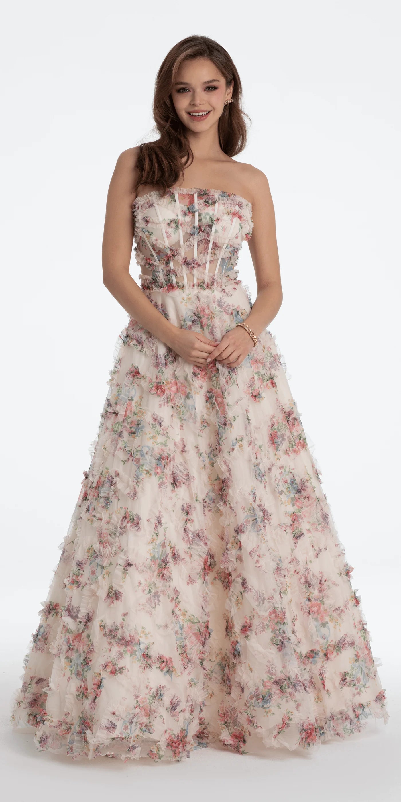 Romantic Blush Floral Print Strapless Sweetheart Lace-Up Back Tiered Ruffled Tulle Prom Dress