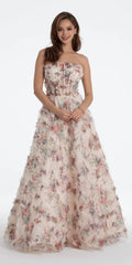 Blushing Pink 3D Floral Ruffle A-Line Tulle Floor-Length Gown