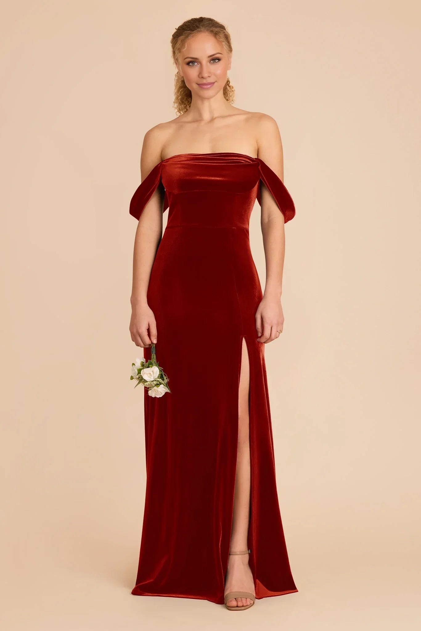 Romantic Burnt Orange Velvet Off-the-Shoulder Maxi Bridesmaid Dress with Flounce Sleeves & High Side Slit