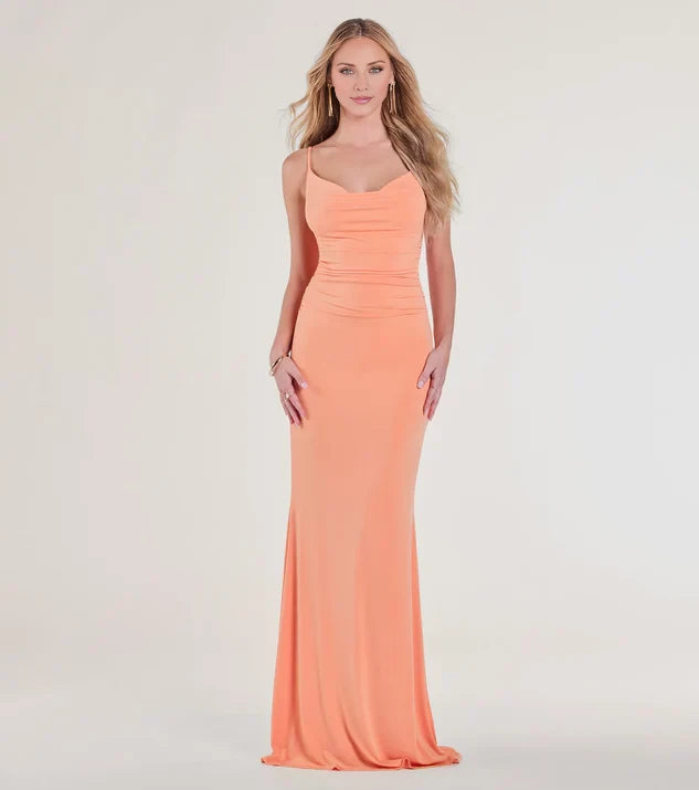Romantic Coral Cowl Neck Sleeveless Spaghetti Strap Ruched Mermaid Floor-Length Evening Dress