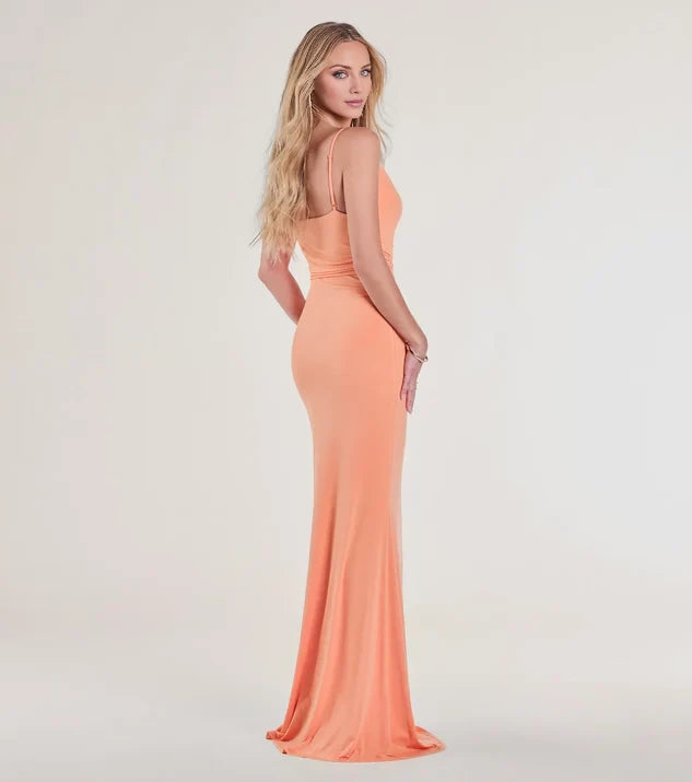 Romantic Coral Cowl Neck Sleeveless Spaghetti Strap Ruched Mermaid Floor-Length Evening Dress