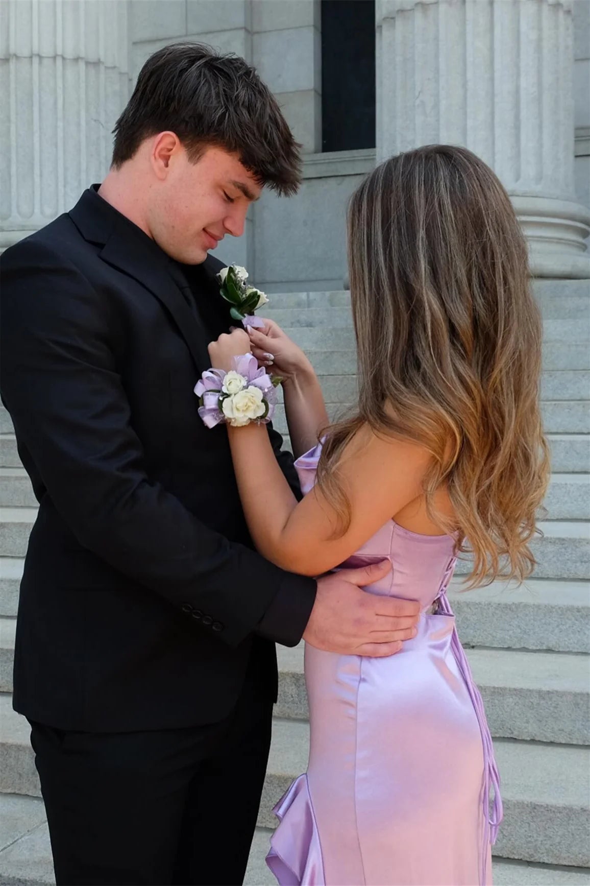 Romantic Cowl Neck Lilac Satin Mermaid Prom Dress with Ruffled High Thigh Slit & Lace-Up Back