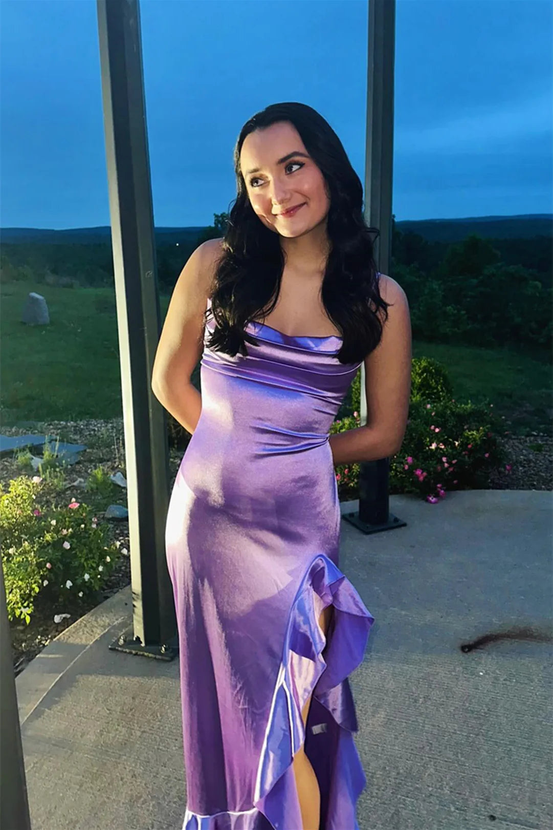 Romantic Cowl Neck Lilac Satin Mermaid Prom Dress with Ruffled High Thigh Slit & Lace-Up Back