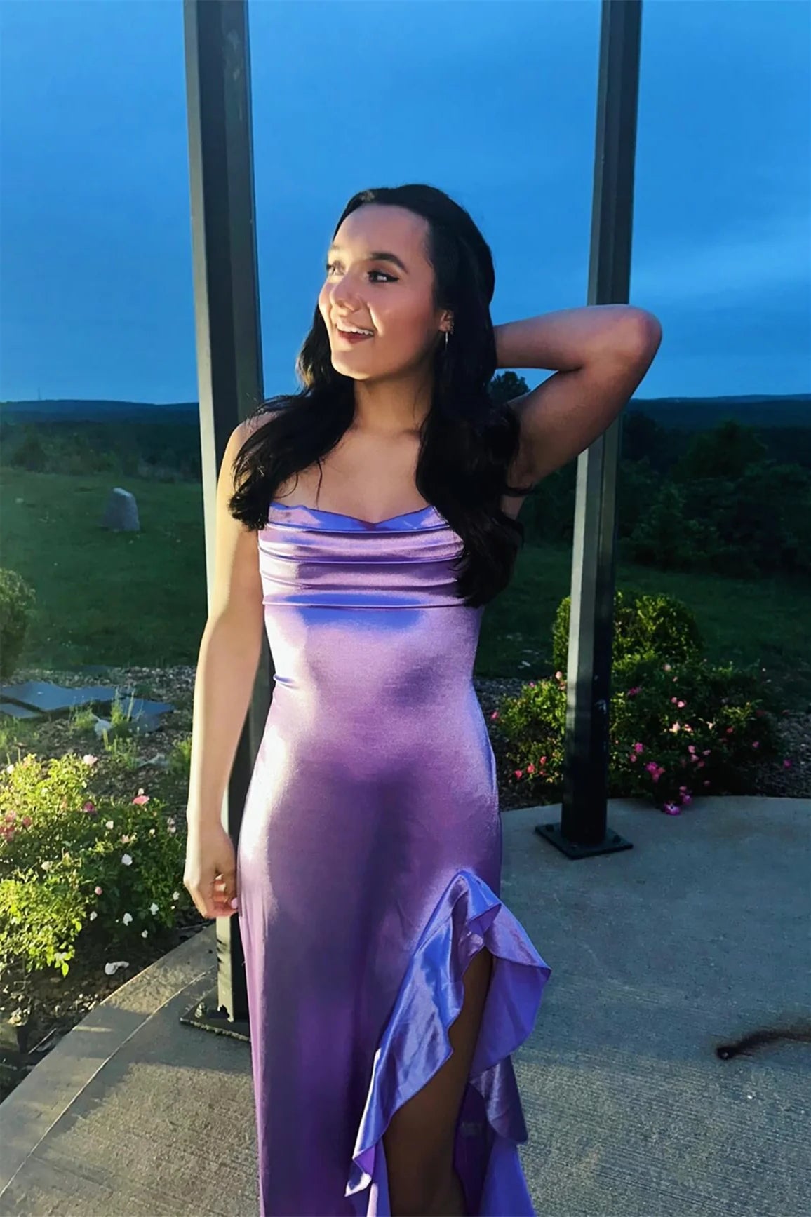 Romantic Cowl Neck Lilac Satin Mermaid Prom Dress with Ruffled High Thigh Slit & Lace-Up Back