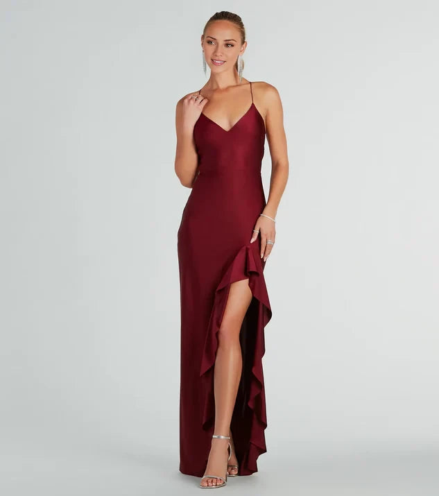 Romantic Deep V-Neck Sleeveless Spaghetti Strap CrissCross Back Ruffled Slit Satin Floor-Length Evening Dress
