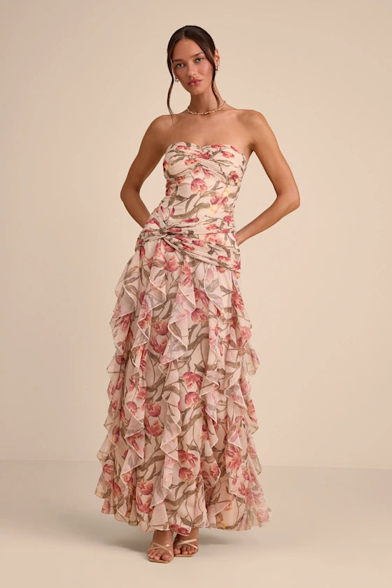 Romantic Delicate Floral Print A-Line Silhouette Strapless Sweetheart Neck Sleeveless Twist Knot Layered Ruffled Chiffon High Low Open Back Maxi Prom Dress