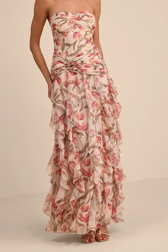 Romantic Delicate Floral Print A-Line Silhouette Strapless Sweetheart Neck Sleeveless Twist Knot Layered Ruffled Chiffon High Low Open Back Maxi Prom Dress