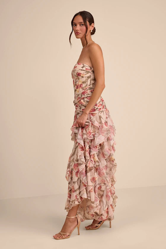 Romantic Delicate Floral Print A-Line Silhouette Strapless Sweetheart Neck Sleeveless Twist Knot Layered Ruffled Chiffon High Low Open Back Maxi Prom Dress