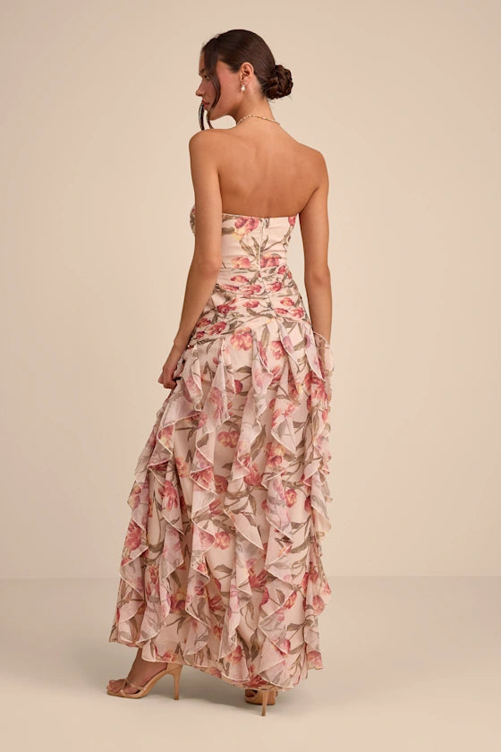 Romantic Delicate Floral Print A-Line Silhouette Strapless Sweetheart Neck Sleeveless Twist Knot Layered Ruffled Chiffon High Low Open Back Maxi Prom Dress