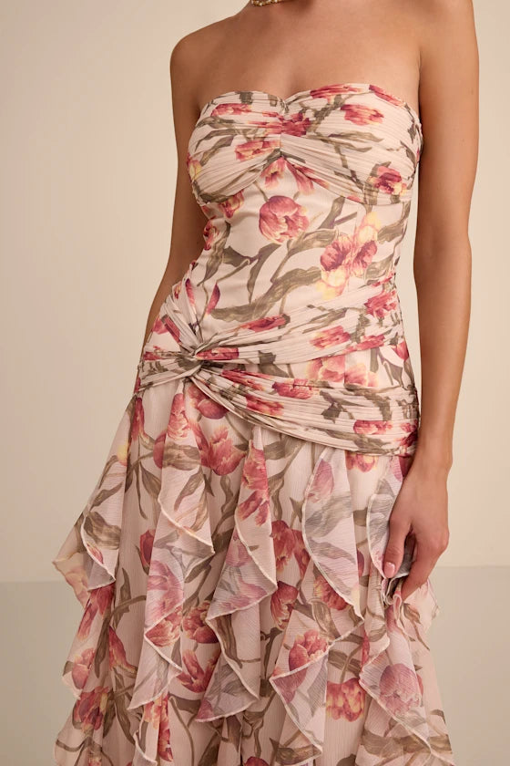 Romantic Delicate Floral Print A-Line Silhouette Strapless Sweetheart Neck Sleeveless Twist Knot Layered Ruffled Chiffon High Low Open Back Maxi Prom Dress