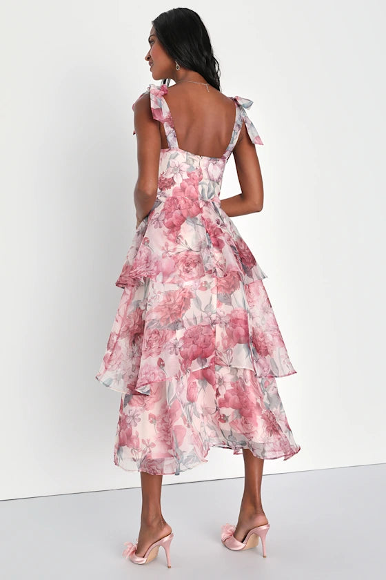 Romantic Dreamy Pink Floral Print A-Line Silhouette Sweetheart Neck Bow Strap Fitted Bodice Open Back Tiered Ruffled Midi Chiffon Prom Dress