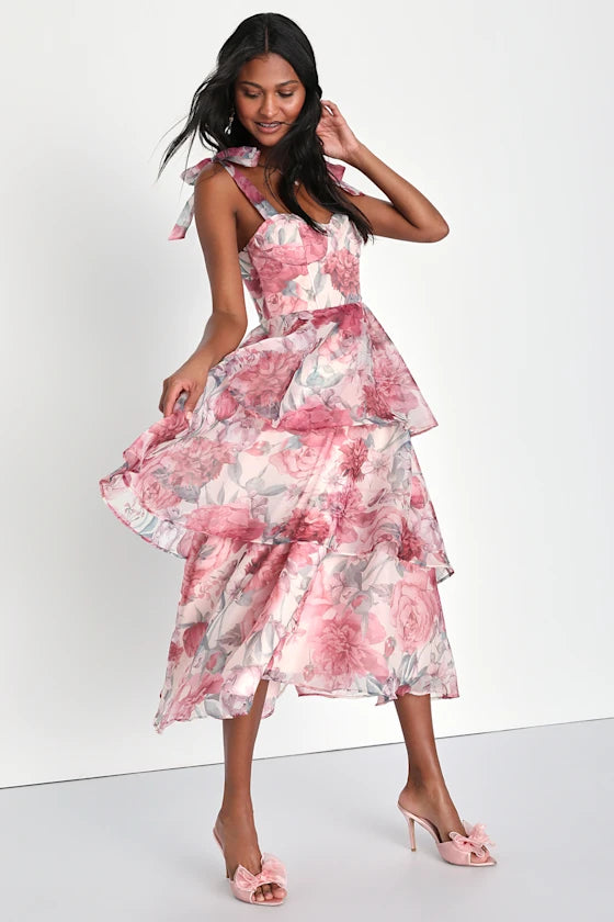 Romantic Dreamy Pink Floral Print A-Line Silhouette Sweetheart Neck Bow Strap Fitted Bodice Open Back Tiered Ruffled Midi Chiffon Prom Dress