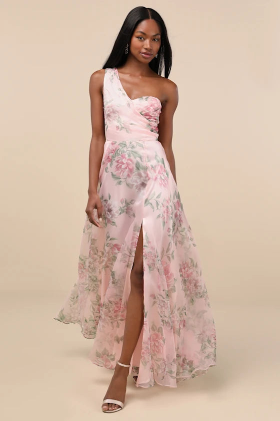 Romantic Elegant Fitted Flowy A-Line One Shoulder Sweetheart Sleeveless Back Zip Maxi Floral Print Formal Prom Dresses