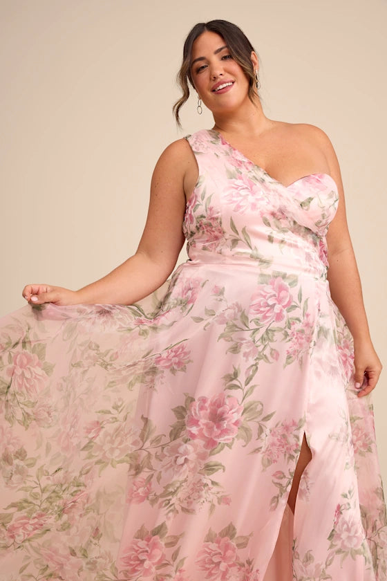 Romantic Elegant Fitted Flowy A-Line One Shoulder Sweetheart Sleeveless Back Zip Maxi Floral Print Formal Prom Dresses