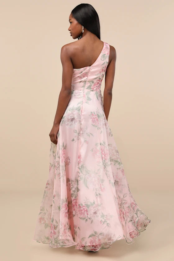 Romantic Elegant Fitted Flowy A-Line One Shoulder Sweetheart Sleeveless Back Zip Maxi Floral Print Formal Prom Dresses