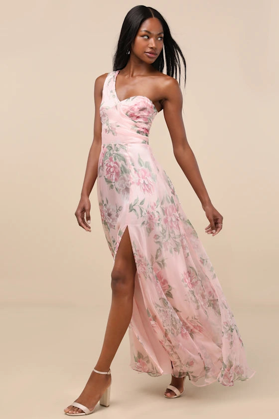 Romantic Elegant Fitted Flowy A-Line One Shoulder Sweetheart Sleeveless Back Zip Maxi Floral Print Formal Prom Dresses