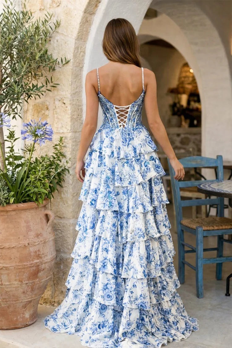 Romantic Fitted A-Line Sweetheart Neck Spaghetti Strap Lace-Up Back Tiered Ruffle Floral Print Prom Dresses