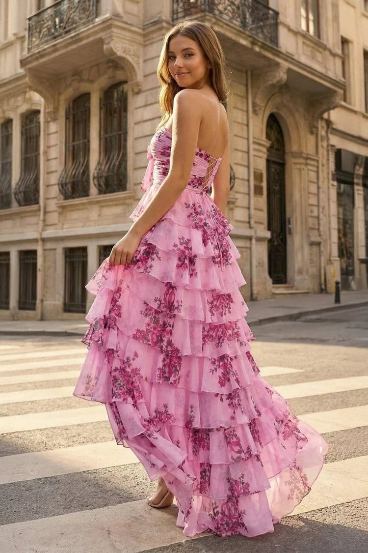 Romantic Fitted A-Line Sweetheart Neck Strapless Lace-Up Back Tiered Ruffle Floral Print Prom Dresses