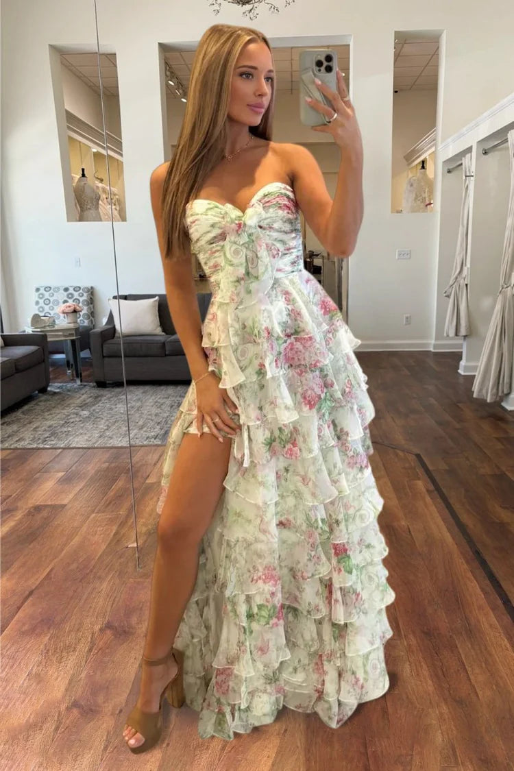 Romantic Fitted A-Line Sweetheart Neck Strapless Lace-Up Back Tiered Ruffle Floral Print Prom Dresses