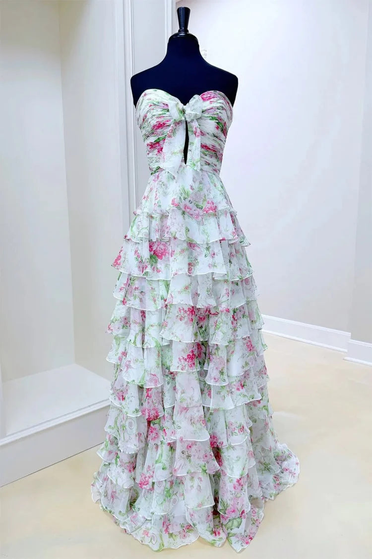 Romantic Fitted A-Line Sweetheart Neck Strapless Lace-Up Back Tiered Ruffle Floral Print Prom Dresses